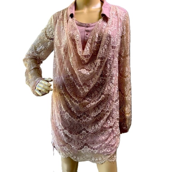 Made For You Pink Sheer Lace Long Sleeve Layered Coquette Floral Blouse Medium - Picture 1 of 14